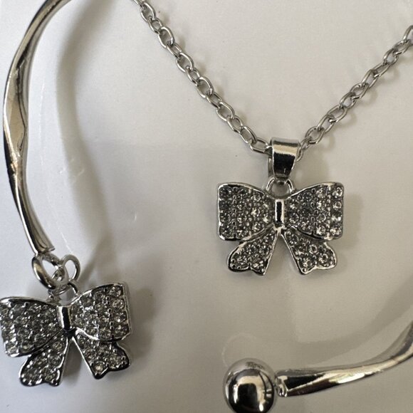 Silvertone Necklace Trio (Set of 3) CZ Necklace Earrings Bracelet BOW Charms NEW - Picture 2 of 7